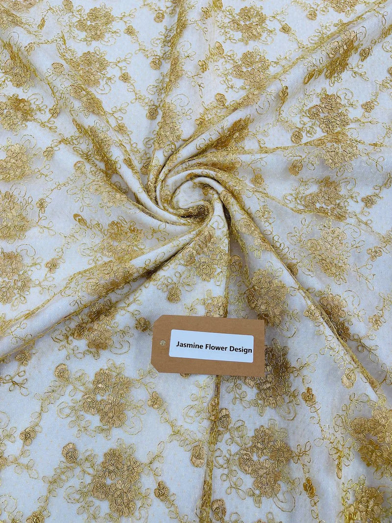 Jasmine Flower Fabric - Gold - Embroidered Floral Design Lace Mesh Bridal Fabric By Yard