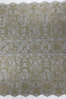Damask Fancy Design - Gold - Embroidered Black Mesh Damask Design Lace Fabric Sold by Yard