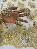 Beaded Rhinestone Fabric - Gold - Floral Rhinestone Beaded Design with Fancy Border Sold By Yard