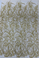Palm Leaf Design Glitter Fabric - Gold - Tulle Glitter Mesh Line Design Fabric Sold By Yard
