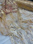 Wavy Leaf Lines Fabric - Gold - Beaded Sequins Leaf Pattern Embroidered On Mesh By Yard