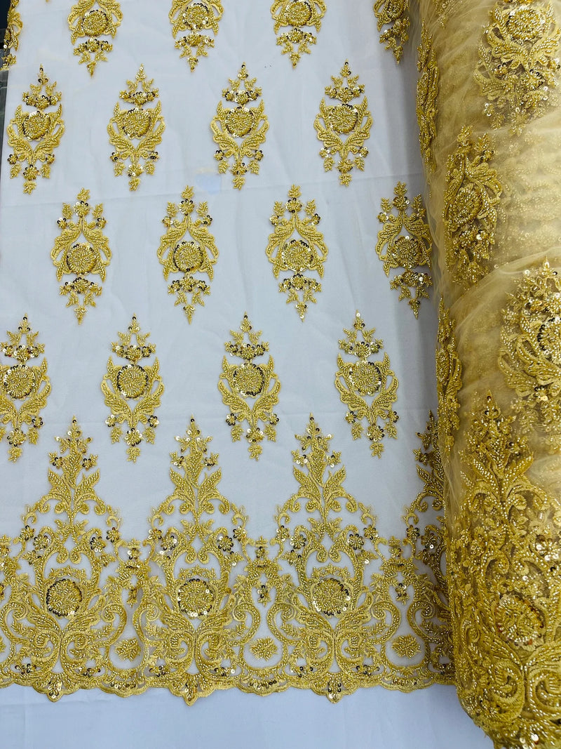 Embroidered Bead Fabric - Gold - Floral Damask Bead Bridal Lace Fabric by the yard