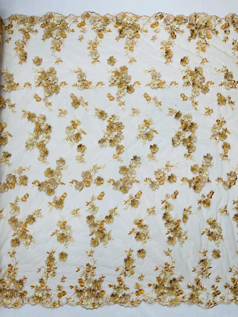 3D Multi-Color Flower Lace - Gold - Flower Leaf 3D Multi-Tone Fabrics Sold By Yard