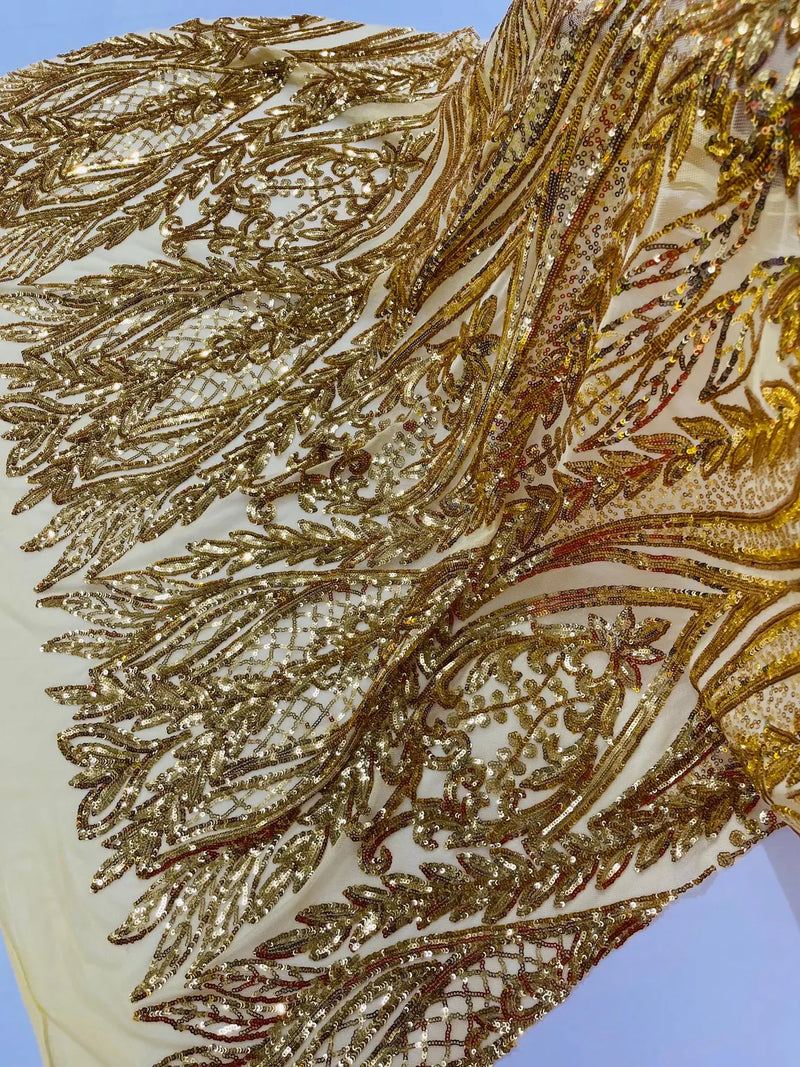 Mermaid Design Fabric - Gold - 4 Way Stretch Sequins Fabric on Lace Mesh Sold By Yard