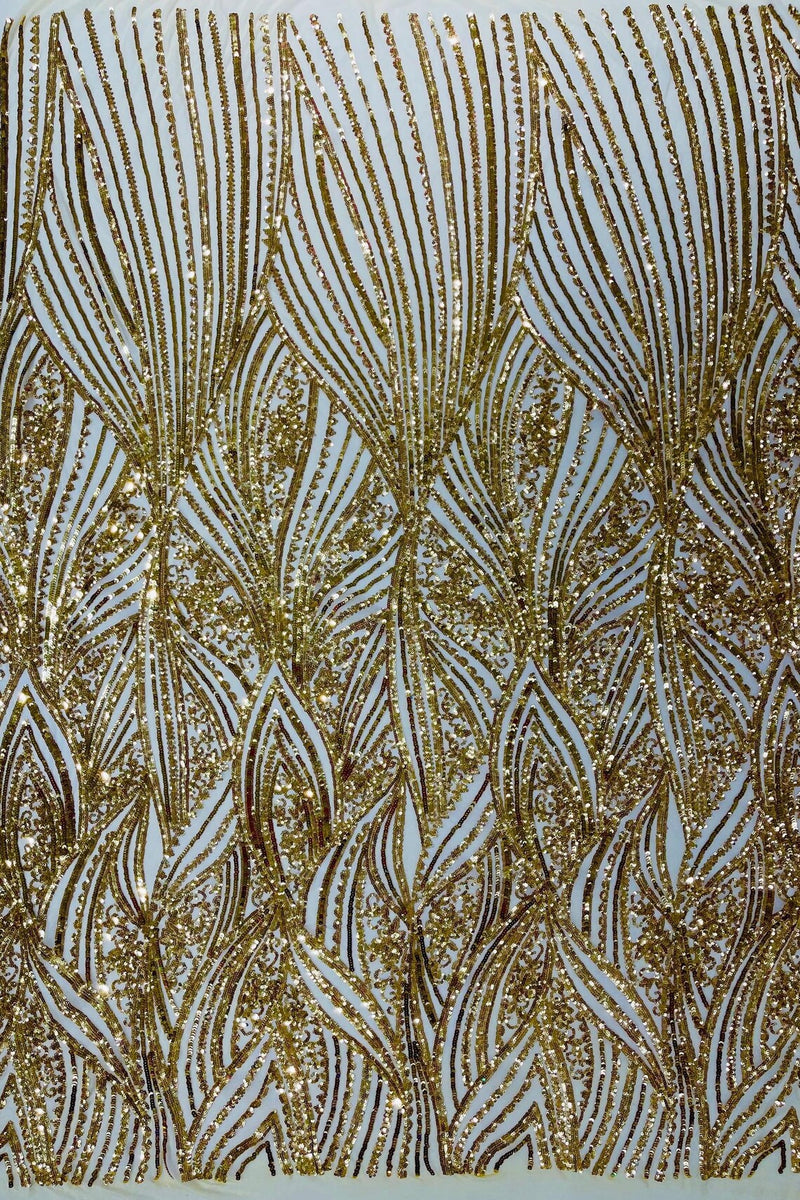 Curvy Design Sequins Fabric - Gold - 4 Way Stretch Curvy Sequins Design Mesh Fabric by Yard