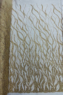 Flaming Fire Design Bead Fabric - Gold - Beaded Embroidered Fabric By Yard