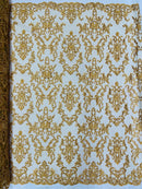 Beaded Butterfly Pattern Fabric - Gold - Damask Fancy Bead Sequins Fabric Sold by Yard