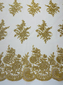 Flower Lace Sequins Fabric - Gold - Embroidered Floral Pattern Fabric with Sequins on Lace By Yard