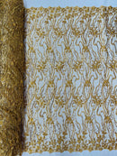 Flower Lines Bead Fabric - Gold - Beaded Flower Fabric with Curled Long Lines Pattern By Yard