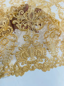 King Lace Design Fabric - Gold - King Design with Sequins Embroidered On Mesh By Yard