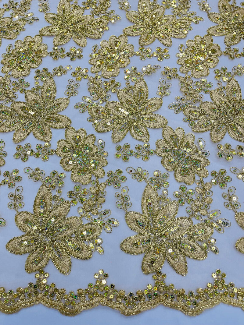 Metallic Floral Lace Fabric - Gold - Hologram Sequins Floral Metallic Thread Fabric by Yard