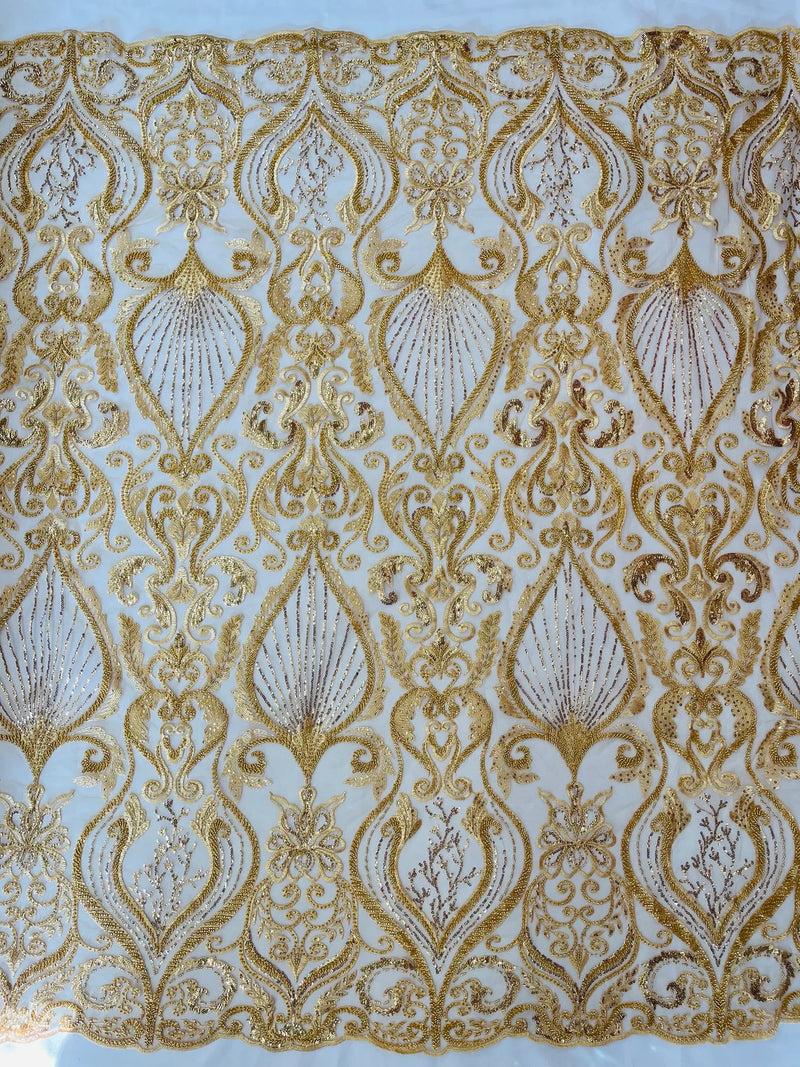 Leaf Damask Bead Fabric - Gold - Embroidered Sequins Heavy Beaded Lace Fabric by Yard