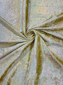 Foggy Foil Velvet Fabric - Iridescent Silver on Gold - Oil Slick 4 Way Stretch Foil Velvet Fabric By Yard