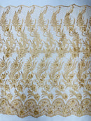 3D Floral Leaf Line Panels - Gold - 3D Embroidered Flower Lines with Pearls on Lace By Yard