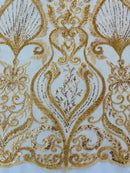 Leaf Damask Bead Fabric - Gold - Embroidered Sequins Heavy Beaded Lace Fabric by Yard