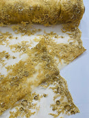 Beaded Sequins Floral Fabric - Gold - Embroidered Beaded Floral Clusters Sequins Fabric By Yard