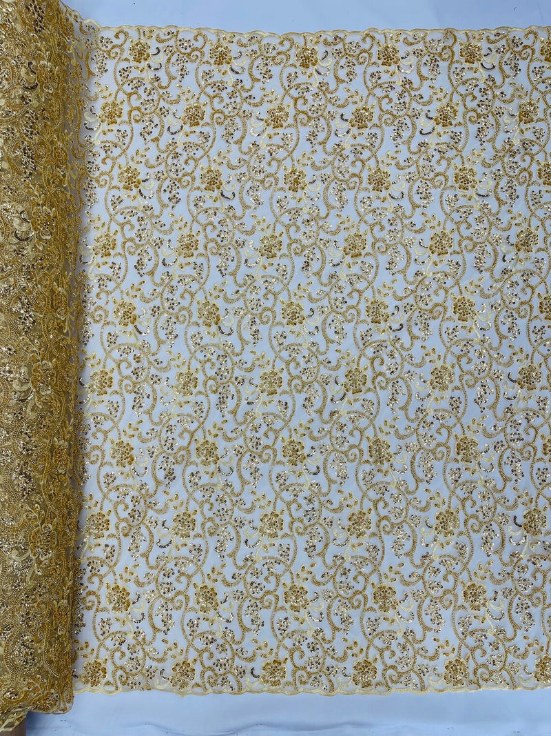 Embroidery Beaded Fabric - Gold - Beaded Floral Bridal Embroidery Fabric Sold by the yard