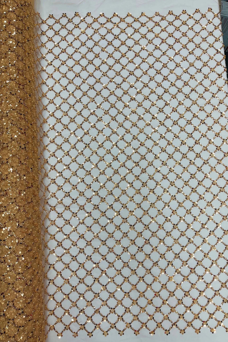 Diamond Net Bead Fabric - Gold - Geometric Embroidery Beaded Sequins Fabric Sold By The Yard