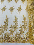 Rose Beaded Sequin Fabric - Gold - Embroidered Floral Pattern with Beads and Sequins By Yard