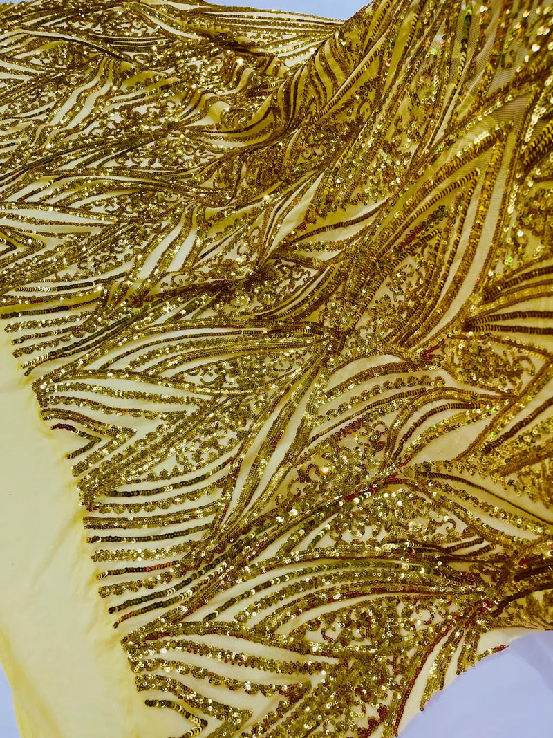 Curvy Design Sequins Fabric - Gold - 4 Way Stretch Curvy Sequins Design Mesh Fabric by Yard