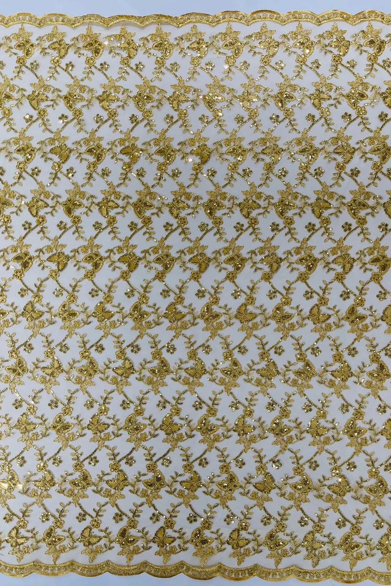 Metallic Floral Butterfly Fabric - Gold - Embroidered Floral Butterfly Design Mesh Fabric by Yard