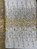 3D Glitter Floral Fabric - Gold - Floral Line Glitter Designs on Mesh Fabric Sold By Yard