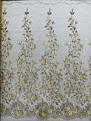 3D Glitter Floral Fabric - Gold - Glitter Sequin Flower Design on Lace Mesh Fabric by Yard