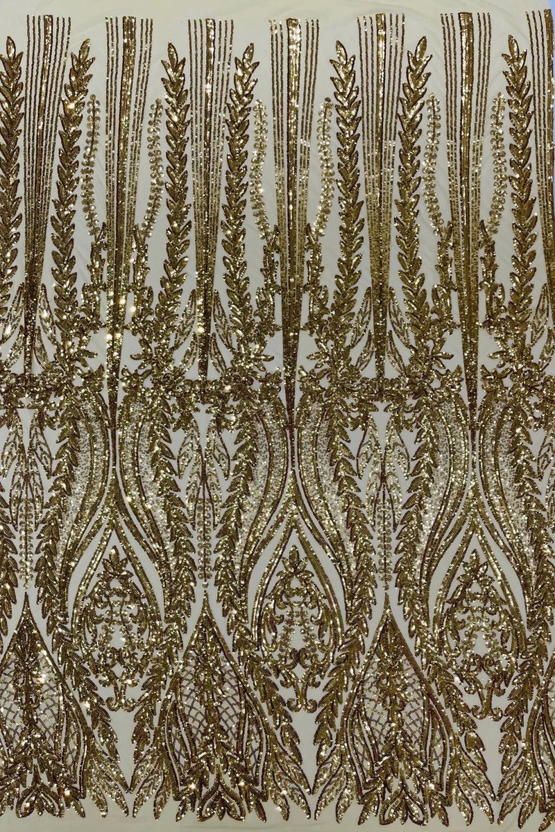 Mermaid Design Fabric - Gold - 4 Way Stretch Sequins Fabric on Lace Mesh Sold By Yard