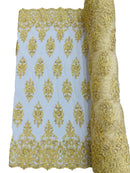 Embroidered Bead Fabric - Gold - Floral Damask Bead Bridal Lace Fabric by the yard