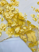 Floral 3D Pearl Fabric - Gold - Embroidered Double Border Flower Design Pearl Fabric By Yard