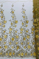 Big Flower 3D Glitter Fabric - Gold - Embroidered Floral Sequins Design Fabric by Yard