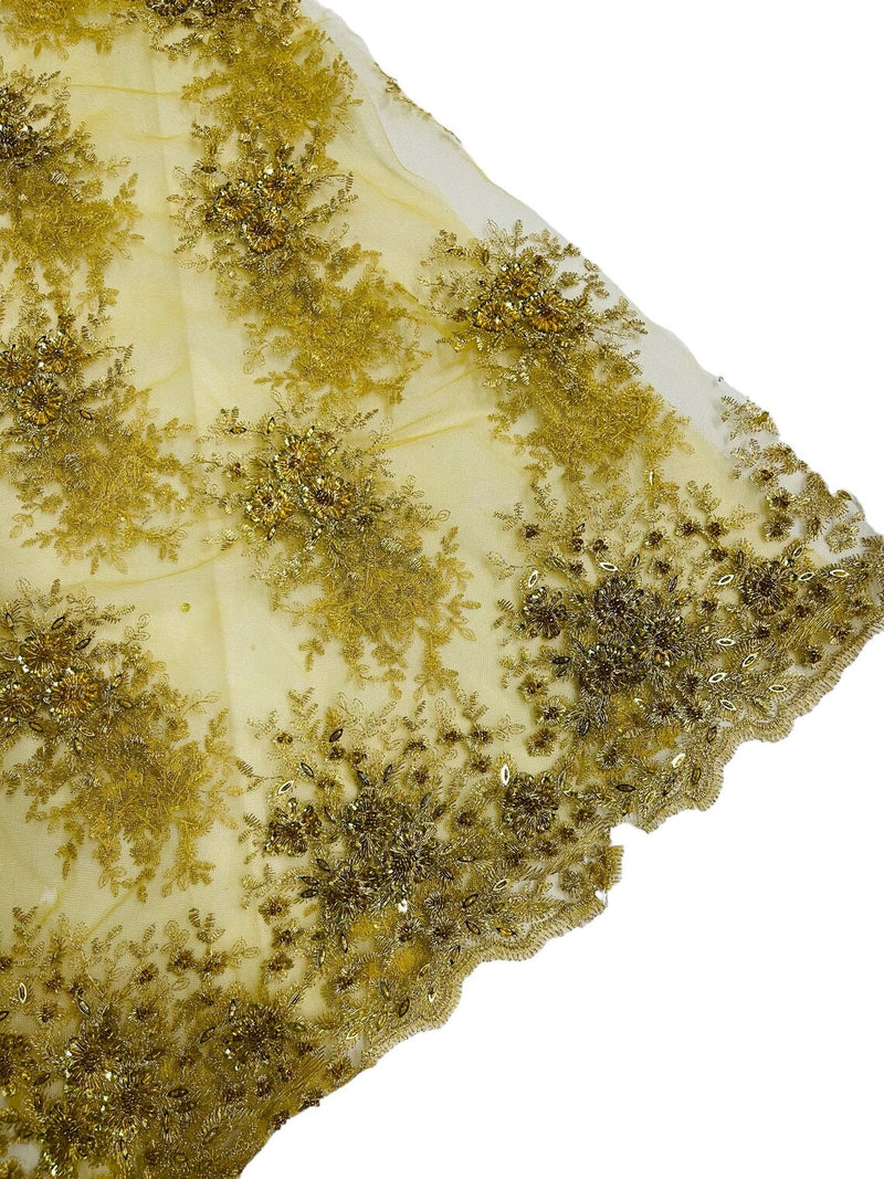 Floral Beaded Gaviota Fabric - Gold - Beaded Floral Design Embroidered On Mesh Sold By Yard