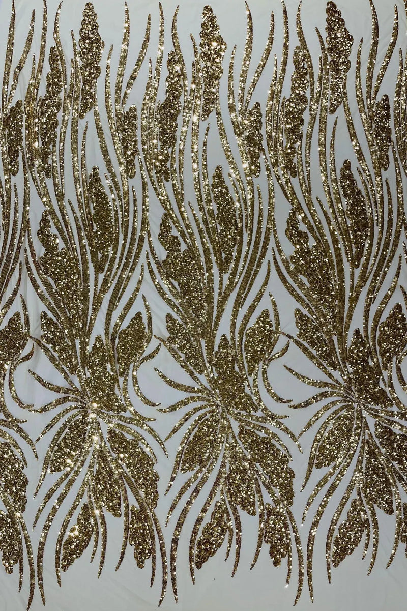 Wavy Leaf Design Fabric - Gold - 4 Way Stretch Sequins Lace Mesh Leaf Design Fabric by Yard