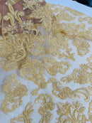 My Lady Beaded Fabric - Gold - Damask Beaded Sequins Embroidered Fabric By Yard