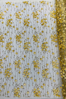 3D Floral Glitter Fabric - Gold - 3D Sequins and Glitter Floral Design on Mesh Sold By Yard
