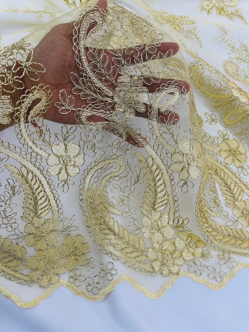 Metallic Paisley Floral Lace - Gold - Corded Floral Lace with Metallic Thread on Mesh By Yard