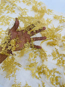 Floral Cluster Corded Fabric - Gold - Fancy Flower Embroidery Lace Mesh Fabric By Yard