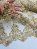 Floral Cluster Beaded Fabric - Gold - Embroidered Flower Beaded Fabric Sold By Yard