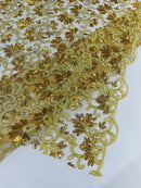 Metallic Thread Floral Design - Gold - Flower Lace Sequins Corded by the yard