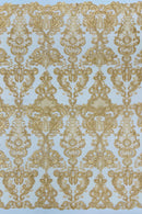 King Lace Design Fabric - Gold - King Design with Sequins Embroidered On Mesh By Yard