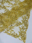 Gold Metallic Thread Leaf Design Embroidered With Sequins on a Mesh Lace Fabric by the Yard