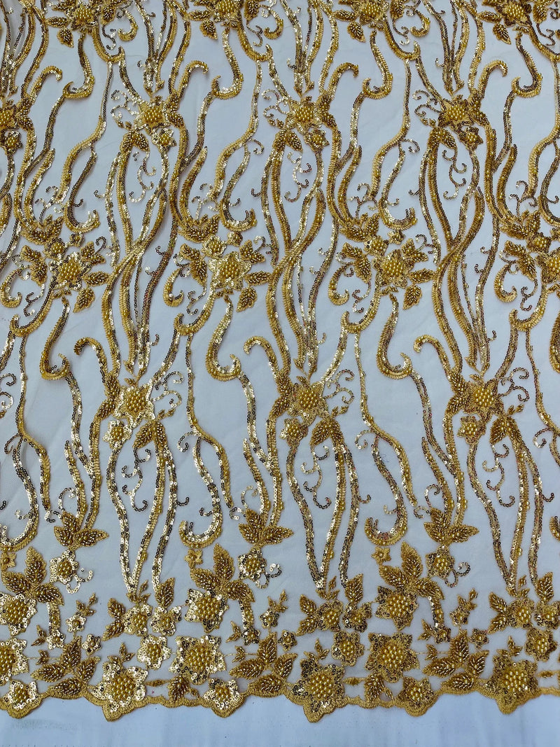 Flower Lines Bead Fabric - Gold - Beaded Flower Fabric with Curled Long Lines Pattern By Yard