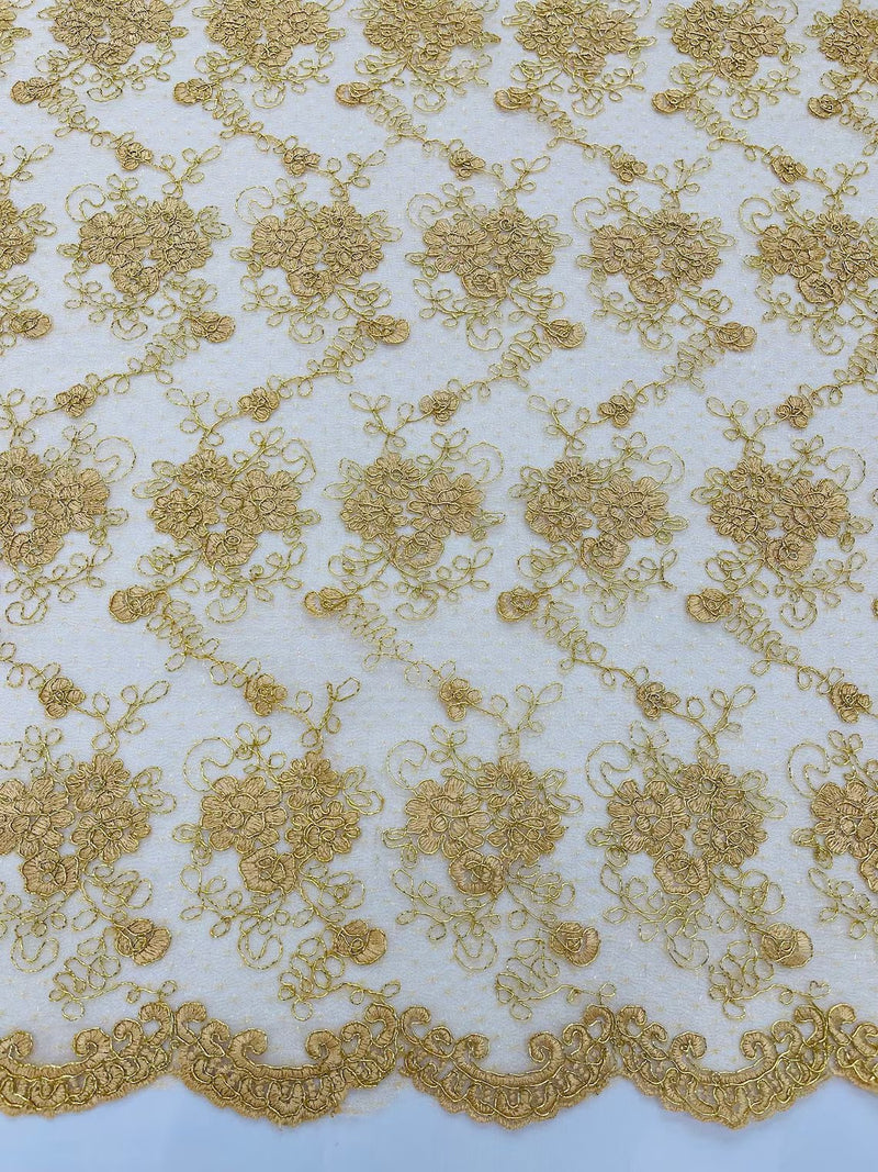 Jasmine Flower Fabric - Gold - Embroidered Floral Design Lace Mesh Bridal Fabric By Yard