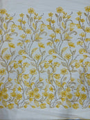 3D Tulle Mesh Flower Fabric - Gold - Beaded Mesh Flower Plant Design Sold By Yard