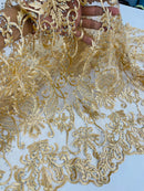 Rhinestone Design Fabric - Gold - Beaded Damask Design Embroidery Corded Lace  by Yard