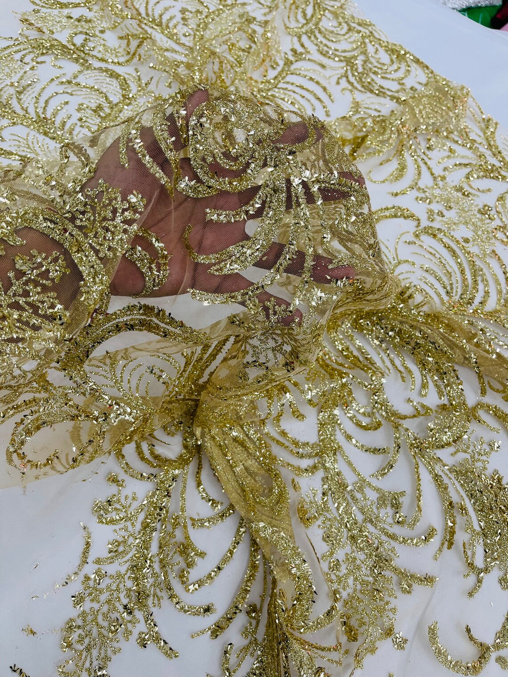 gold glitter fabric for dresses Gold Curving Pattern Glued Glitter Dress Fabric