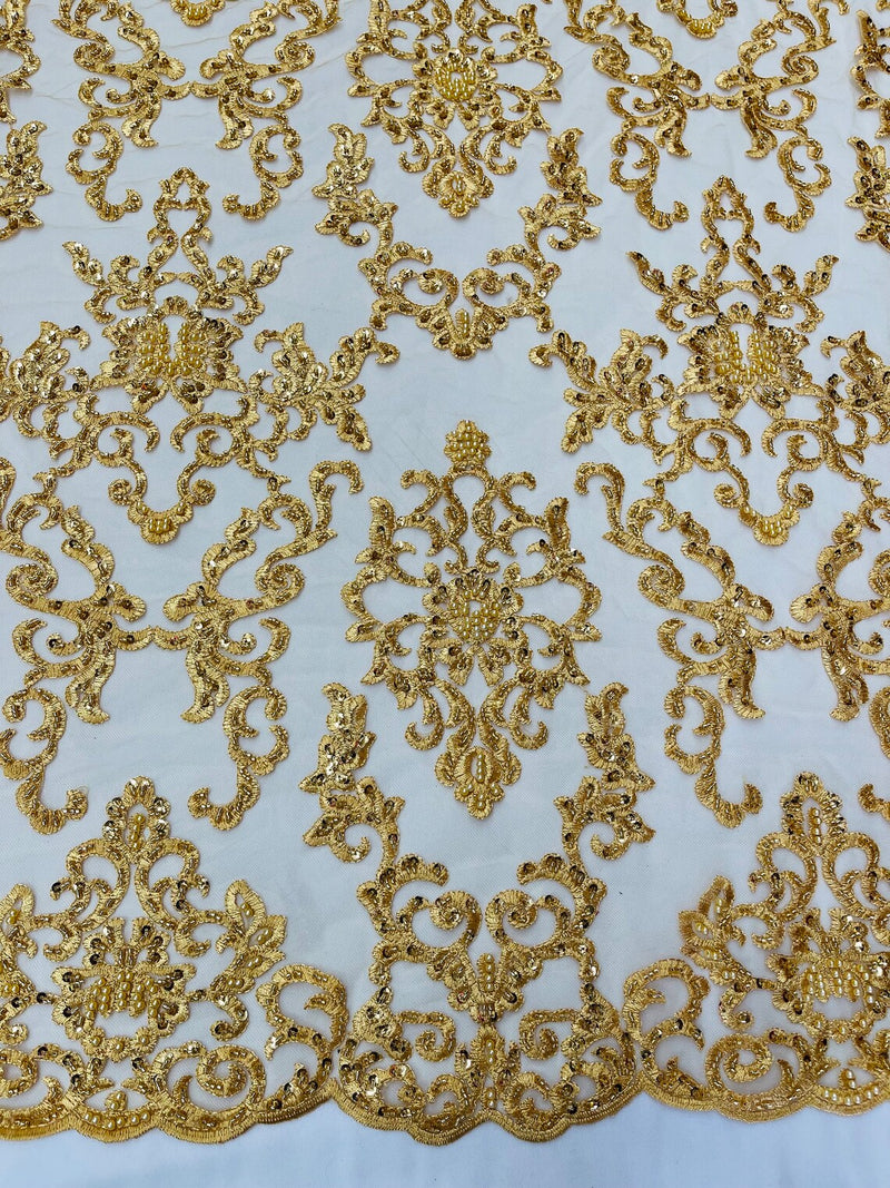 Beaded Butterfly Pattern Fabric - Gold - Damask Fancy Bead Sequins Fabric Sold by Yard