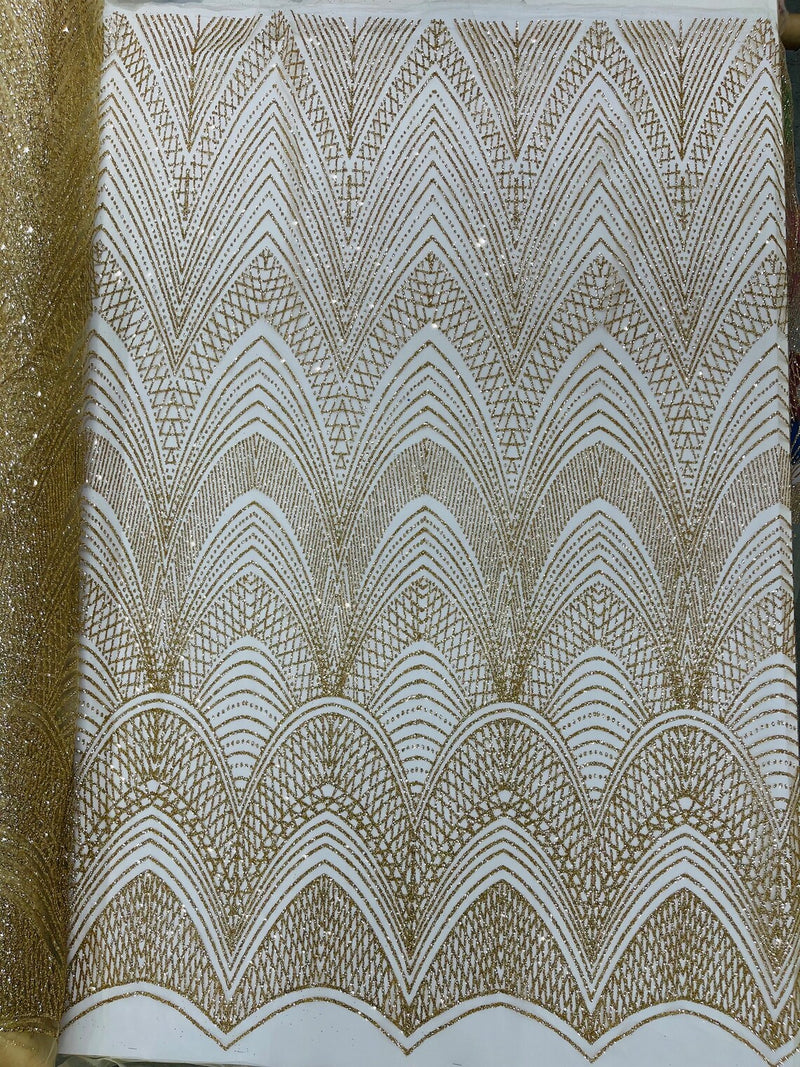 Shiny Glitter Geometric Fabric - Gold - Glitter Geometric Design Lace Mesh Fabric By Yard