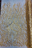 Wavy Floral Beaded Fabric - Gold - Geometric Beaded Sequins Embroidered Fabric Sold By Yard