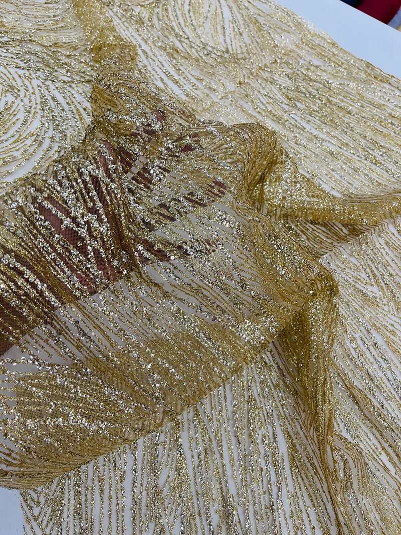 Glitter Lines on Tulle Lace Fabric - Gold - Tulle Glitter Mesh Line Design Fabric Sold By Yard